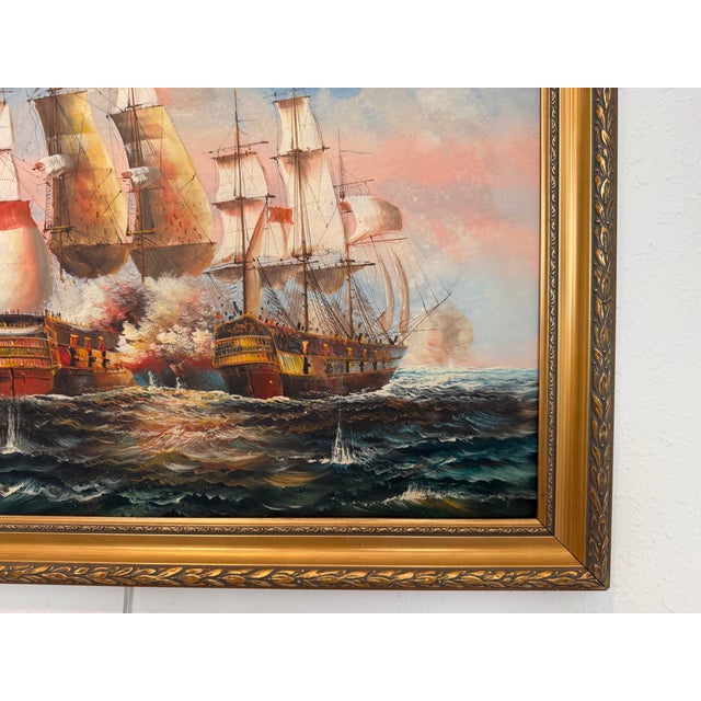 Vintage Oil Painting Naval Battle Ships Seascape Maritime Nautical Art Framed For Sale - Image 11 of 12