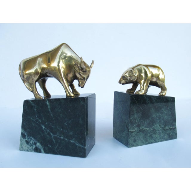 Vintage C.1970's Solid Brass Bear & Bull Wallstreet Bookends Mounted on Green Veined Marble Bases For Sale - Image 13 of 13