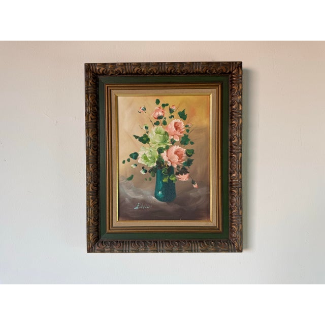Mid-Century Modern 1970s Vintage Floral Still Life - Green & Pink Roses in Vase Oil on Canvas Painting by Bindi For Sale - Image 3 of 10