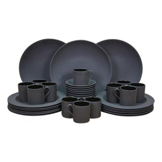 Late 20th Century Wedgwood Black Basalt China Dinner Plates Tea Coffee Cups Saucers - 39pc For Sale