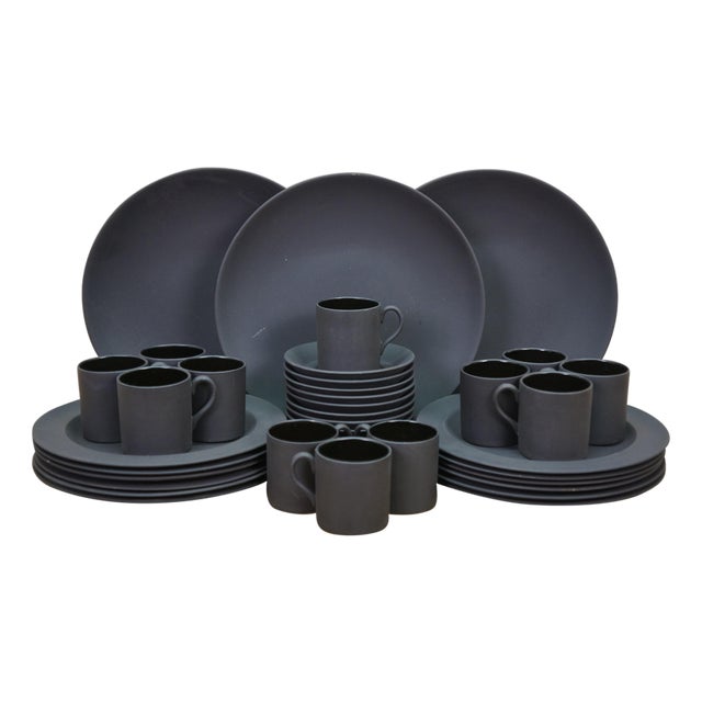 Late 20th Century Wedgwood Black Basalt China Dinner Plates Tea Coffee Cups Saucers - 39pc For Sale