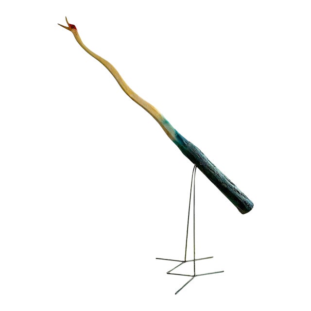 Late 20th Century Monumental Denver and Ter Borders Hand Carved Wood Crane Sculpture With Welded Rebar Feet For Sale
