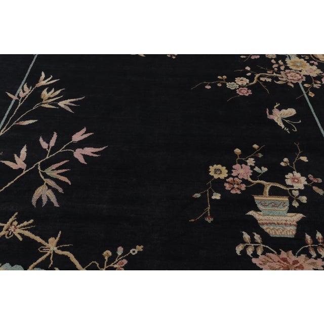 Rug & Kilim Rug & Kilim’s Chinese Art Deco Inspired Rug, Elegant Florals on Midnight Blue For Sale - Image 4 of 8