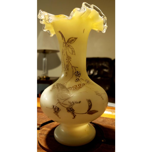 Vintage Fenton Hand-Painted Butterfly Uranium Glass Vase | Satin Custard Ruffled Rim For Sale - Image 9 of 12