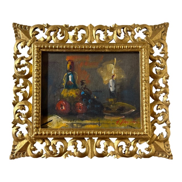 Vintage Italian Still Life Oil Painting Gold Ornate Frame Signed For Sale