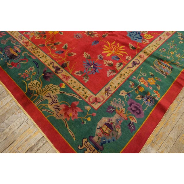1920s Red Floral Vase Antique Chinese Art Deco Carpet 9' X 11' 8'' Handknotted Wool Rug For Sale - Image 9 of 9