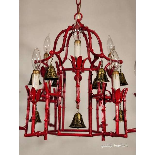 Faux Bamboo Pagoda Hollywood Regency Birdcage 9 Light Chandelier Brass Bells For Sale - Image 10 of 10