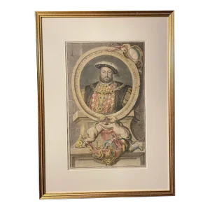 Framed Hand-Colored Print of King Henry VIII of England C.1750