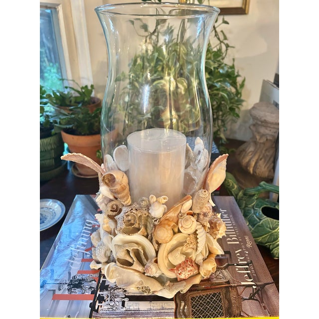 Rustic Coastal Palm Beach Handcrafted Seashell Encrusted Glass Hurricane Candle Holder For Sale - Image 3 of 11