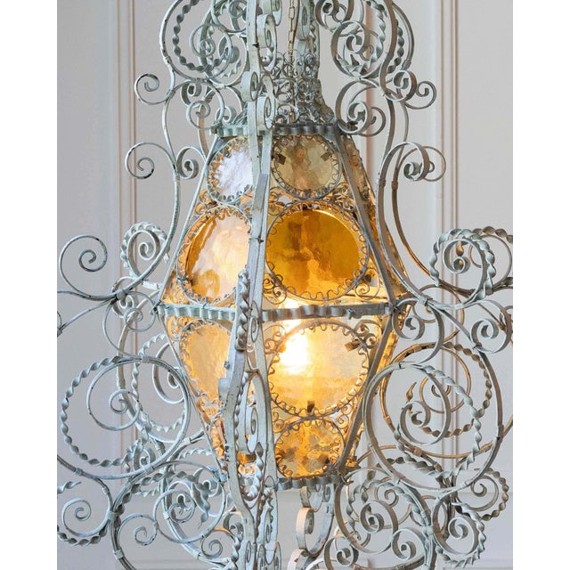 Early 1900s Italian Wrought Iron Lantern Light Green Finish Amber Glasses For Sale - Image 4 of 12