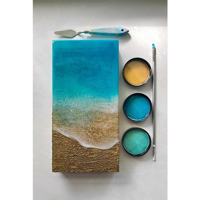 Early 21st Century I Was Here by Ana Hefco | Mixed Media on wood panel Abstract beach scene with blue and gold tones. For Sale - Image 5 of 5