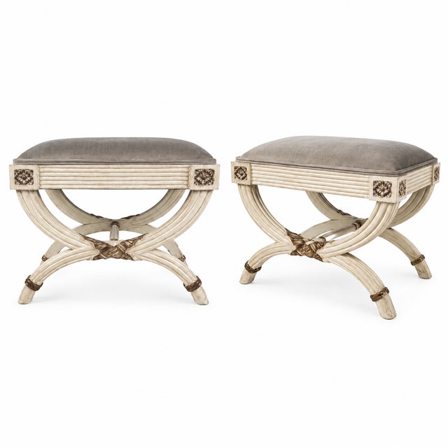 Neo-Classical Gustavian Style Painted Curule Stools / Ottomans in Velvet - Pair For Sale - Image 10 of 10