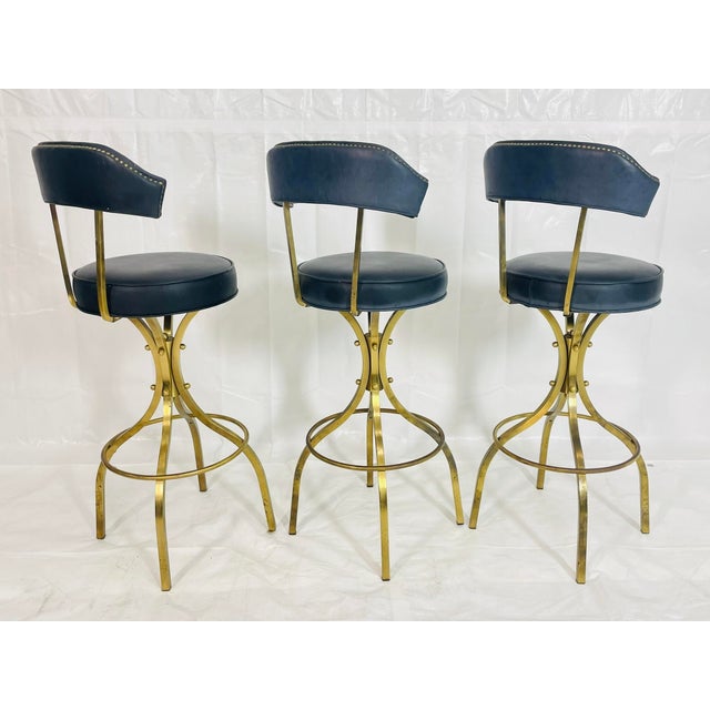 Set of 3 Attributed to Charles Hollis Jones “Sinatra” Solid Brass Swivel Bar Stools, Usa 1960's For Sale In Los Angeles - Image 6 of 18