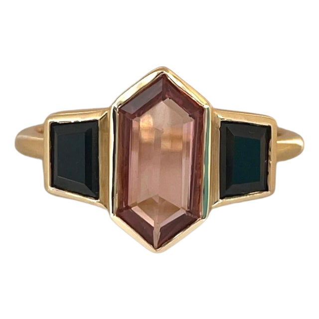 14k Yellow Gold Rubellite Tourmaline Black Spinel Ring For Sale