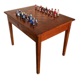 Vintage French Oak Chess and Games Table with Storage Drawer For Sale