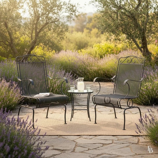 Metal Vintage Meadowcraft Hi-Back Green Wrought Iron Mesh Coil Sprung Rocking Captains Chairs - A Pair For Sale - Image 7 of 8