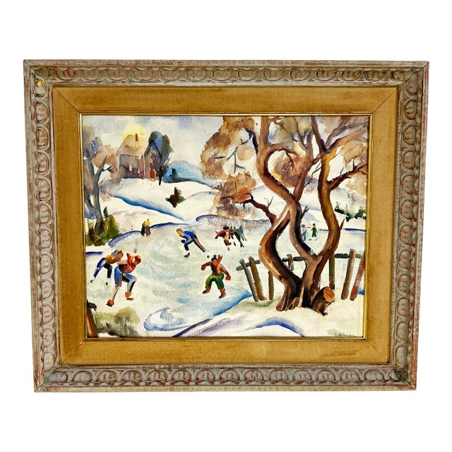 Wpa Era Watercolor Painting of New York Ice Skaters by Ida York Abelman For Sale