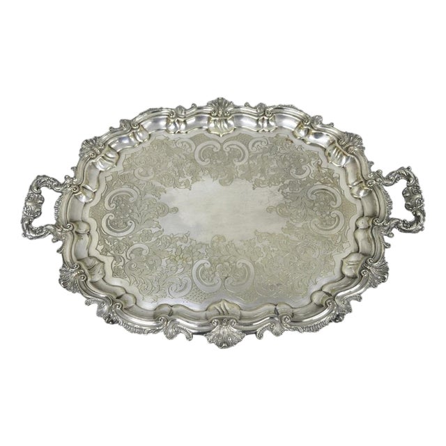 Antique Gorham English Victorian Silver Plated Scalloped Serving Platter Tray For Sale