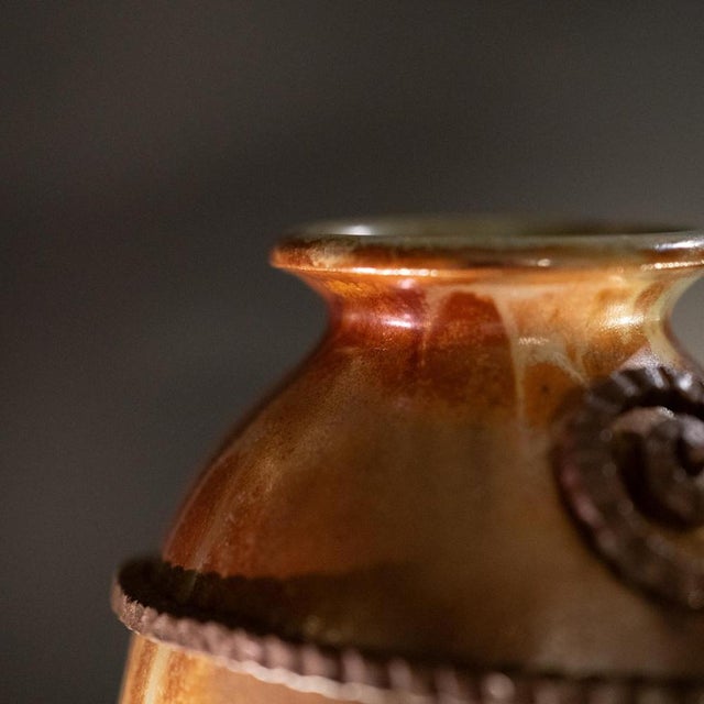 Brown Art Deco Salted Stoneware Shell Vase with Wrought Iron Frame by Roger Guerin & Francois Carion, 1920 For Sale - Image 8 of 16