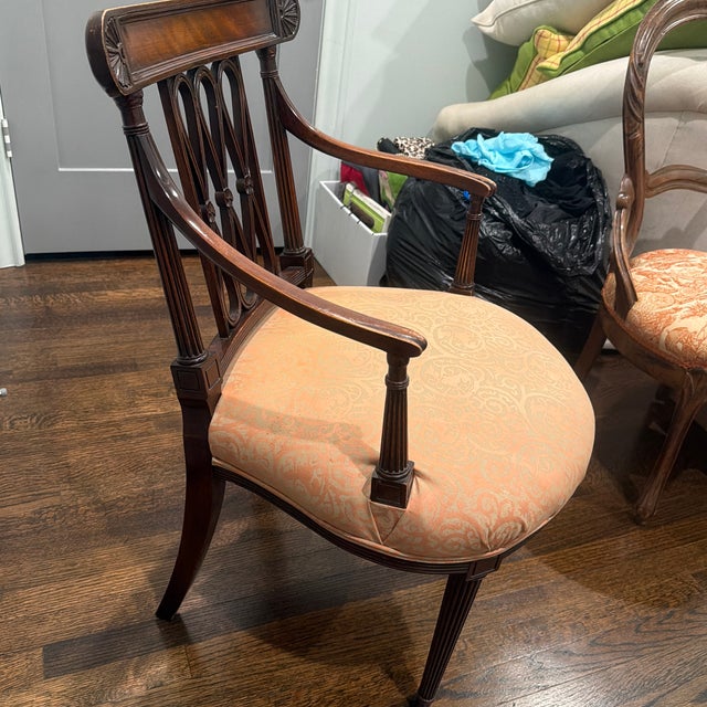 Wood Late 20th Century Neoclassical Mahogany Finish Open Arm Accent Chair With Damask Upholstery For Sale - Image 7 of 9