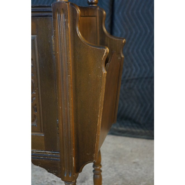 Antique Art Deco Walnut Carved Smoking Stand Tin Lined Humidor Magazine Rack For Sale - Image 13 of 16