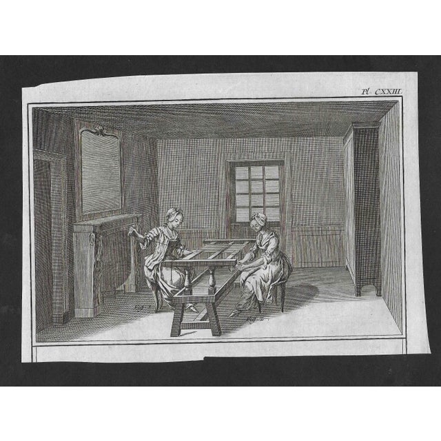 18th century engraving of two ladies at a loom weaving silk.