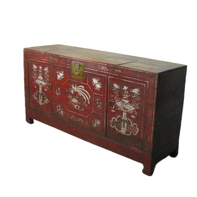 Two Doors 60" Long Red Hand Painted Antique Chinese Sideboard For Sale - Image 4 of 12