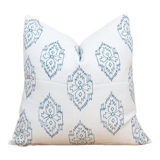 White & Blue Jaipur Blockprint Linen Pillow Cover For Sale