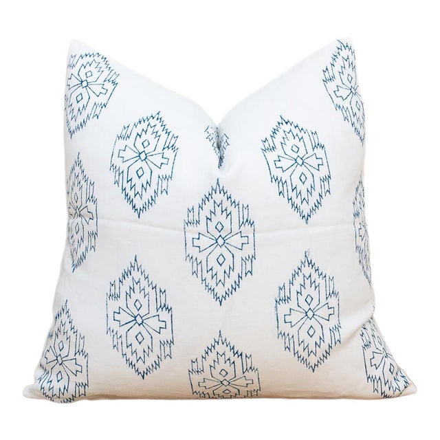 White & Blue Jaipur Blockprint Linen Pillow Cover For Sale
