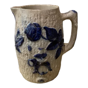 Antique Utica Whites Pottery Ny Blue Decorated Stoneware Jug Pub Scene Motif Circa 1880