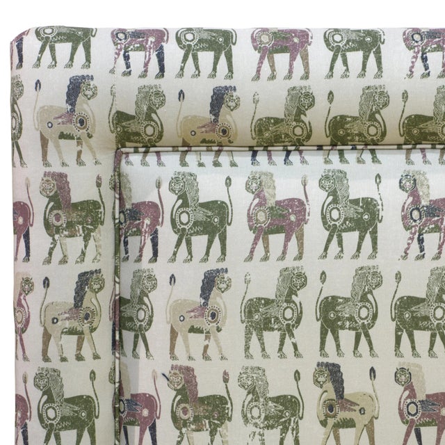 Boho Chic Upholstered Headboard in Dark Green Lion Block, California King For Sale - Image 3 of 5