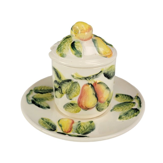 TItalian Trompe L’Oeil Pear Jam Jar With Saucer, Hand-Painted Ceramic, 4.5" For Sale - Image 9 of 10