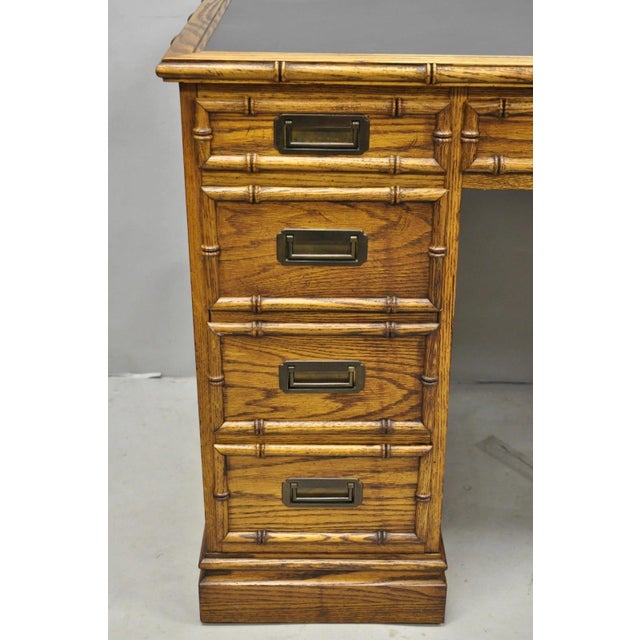 Traditional Vintage Hollywood Regency Faux Bamboo Campaign Style Kneehole Desk by Sligh For Sale - Image 3 of 17