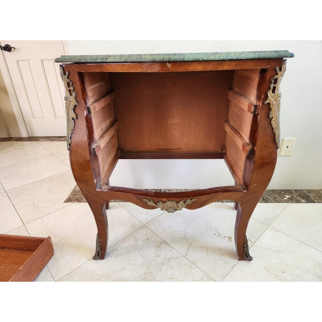 French Elegant French Louis XV Style Rosewood Commode With Heavy Green Marble Top & Ormolu Mounts For Sale - Image 3 of 11