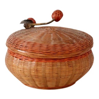 Vintage Chinese Lidded Basket With Swing Berry Finial For Sale
