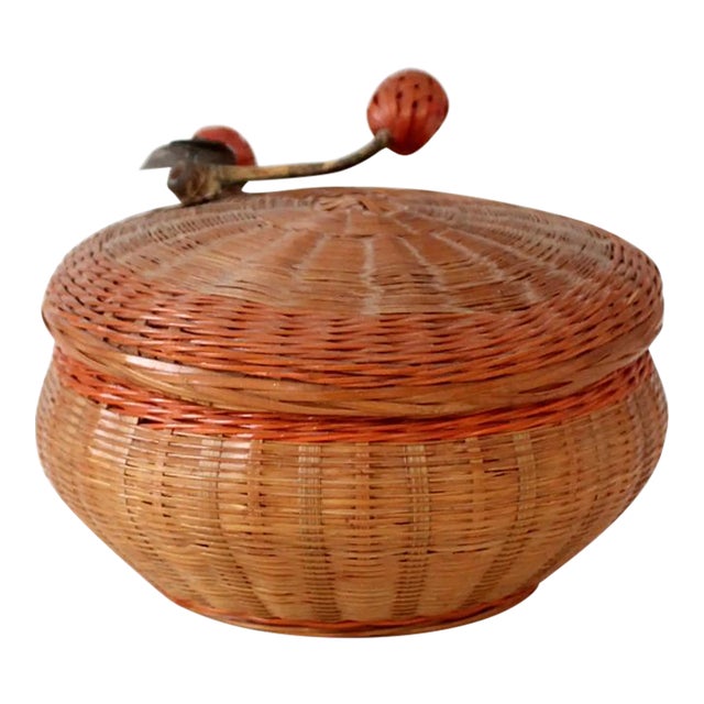 Vintage Chinese Lidded Basket With Swing Berry Finial For Sale