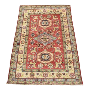 Kazak Rug 3’4” X 4’9” Red Wool Tribal Hand-Knotted Oriental Carpet
