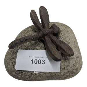 Cast Iron Dragonfly on Polished Granite Pebble For Sale