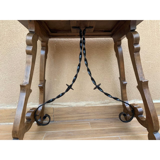 Wood 19th Century Spanish Side Table With Hand Carved Lyre Leg and Iron Stretcher For Sale - Image 7 of 11