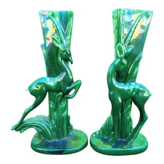 Vintage Royal Haegar Bright Green Drip Glaze Mid Century Modern Leaping Gazelle Vases- a Pair For Sale