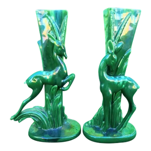 Vintage Royal Haegar Bright Green Drip Glaze Mid Century Modern Leaping Gazelle Vases- a Pair