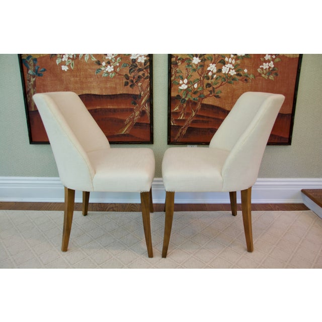 Contemporary Pair of Bright Chair Maria Side Chairs in Jane Churchill Darwin Cream With Natural Walnut Legs For Sale - Image 3 of 11