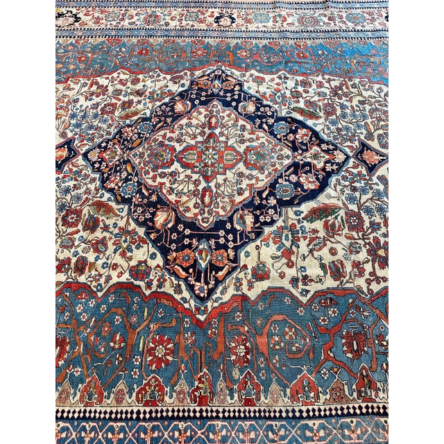 Antique Persian Mohtasham Kashan Carpet, Ivory ground, Ivory Border, Blue, Green For Sale - Image 14 of 18