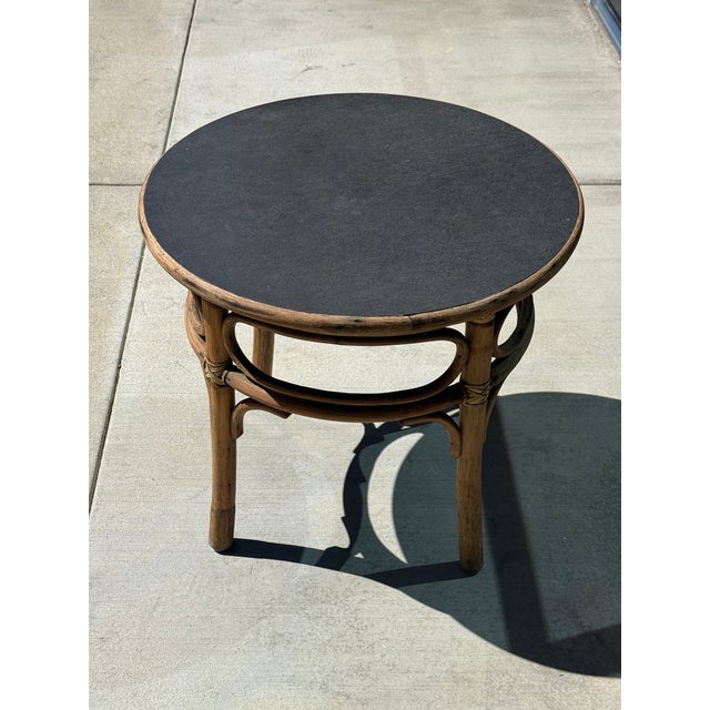 French Country Vintage French Country McGuire Round Bamboo Rattan End Table Side Table For Sale - Image 3 of 8