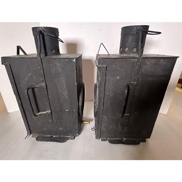 Rustic European Vintage Railroad Lanterns From Denmark - a Pair For Sale - Image 3 of 12