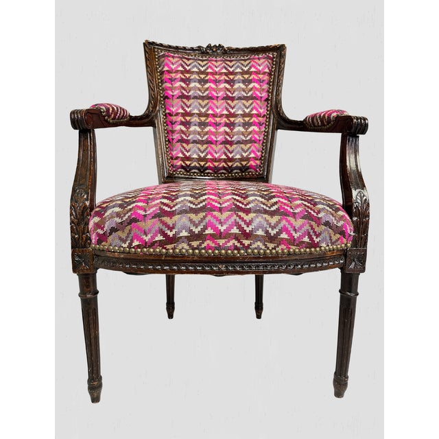 French French Mahogany Square Back Chair Pair Pink Velvet Magenta Purple Petit Point For Sale - Image 3 of 17