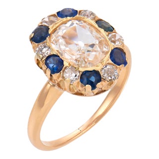 19th Century Victorian Gia 1.15 Carat Old Mine Cut Diamond Sapphire 14k Gold Cluster Ring, Size 5 For Sale