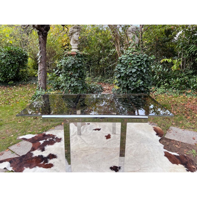 1970s Postmodern 70s Attributed to Milo Baughman Chrome + Glass Extendable Dining Table / Desk Table Square to Rectangular For Sale - Image 5 of 16