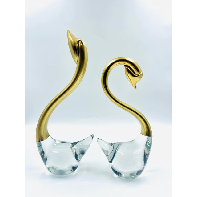 Mid 20th Century Set of 2 Hand Blown Clear Art Glass & Brass Swan Sculptures/Figurines For Sale - Image 12 of 12
