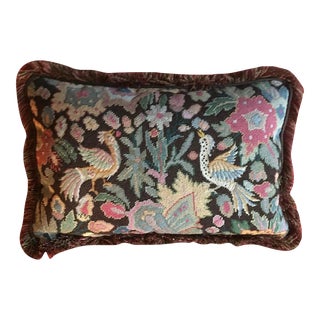 Antique 19th Century Needlework Tapestry as a Pillow in the Louis XVI Taste Needlepoint & Petit Point Birds and Flowers With Velvet Back and Fringe For Sale